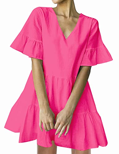 FANCYINN Women’s Pink Cute Shift Tunic Dress Short Bell Sleeve V Neck Causal Swing Red Ruffle Mini Dress with Pockets Pink XL