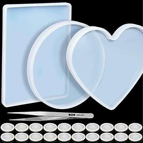 3 Pcs Large Resin Mold, LEOBRO Flexible Silicone Molds, Include Round, Rectangle, Heart Shaped Coaster Mold, Decorative Mold, Come with 20 Pcs Finger Cots, 1Pcs Tweezers