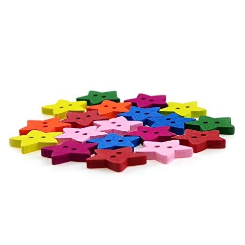 100 Pcs Colorful Wooden Star Buttons with 2 Holes Rustic Buttons for Clothes Sewing Scrapbooking Art Crafting DIY Decoration