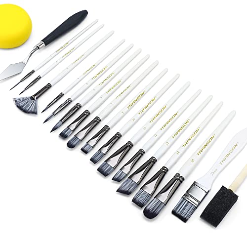 Transon Art Paint Brush Kit 16 Paint Brushes with Foam Brush Sponge Spatula and Brush Case for Oil, Acrylic, Watercolor, Gouache, Painting