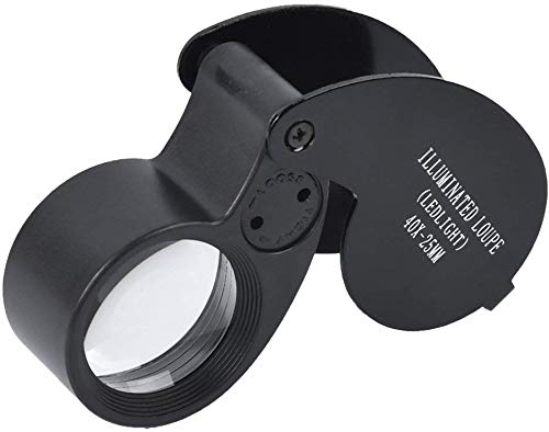 Beileshi 40X Magnification Loupe Jewelry Magnifier Folding Glass Lens + Full Metal Magnifying Loop LED Magnifier (Black)