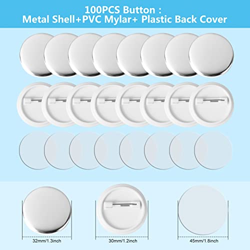 100 Pieces Blank Button Badge Parts for Button Maker Machine, Metal Shells, Plastic Back Cover and Clear Mylar Components, DIY Crafts Arts Supplies for Presents, Souvenirs (32mm)