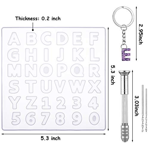 2 Pieces Alphabet Letter Resin Molds Backward Kit, Reusable Letter Number Silicone Resin Mold for Epoxy Casting with Keychain, Pin Vise Hand Drill Set for DIY Making Keychain Pendant Jewelry Art Craft