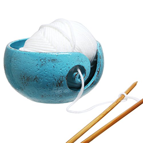 MyGift Knitting Yarn Bowl, Rustic Handcrafted Turquoise Ceramic Yarn Ball Holder, Crochet Side Pull Yarn Bowl