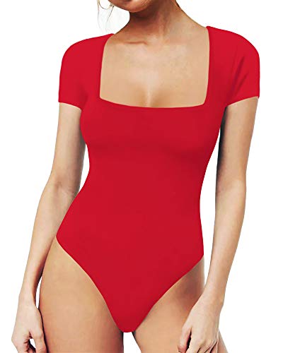 MANGOPOP Women's Square Neck Short Sleeve Long Sleeve Tops Bodysuit Jumpsuit (Short Sleeve Red, Medium)