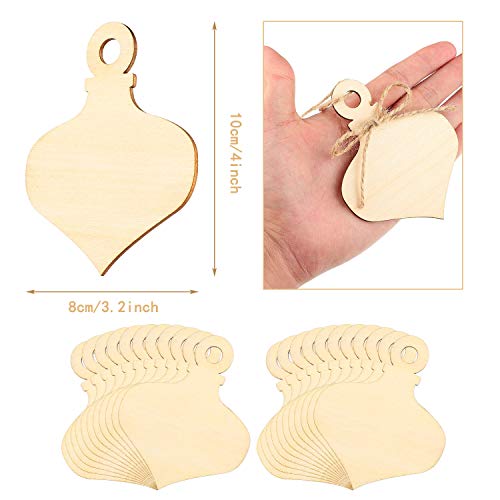 60 Pieces DIY Christmas Wooden Hanging Ornaments with Hole, 4 Inch Wood Unfinished Cutout Tag Blank Natural Wooden Slices with Ropes for Centerpieces Christmas Holiday Home Party DIY Crafts Decor