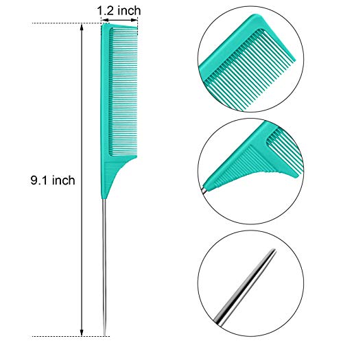 3 Packs Rat Tail Comb Steel Pin Rat Tail Carbon Fiber Heat Resistant Teasing Combs with Stainless Steel Pintail (Green)