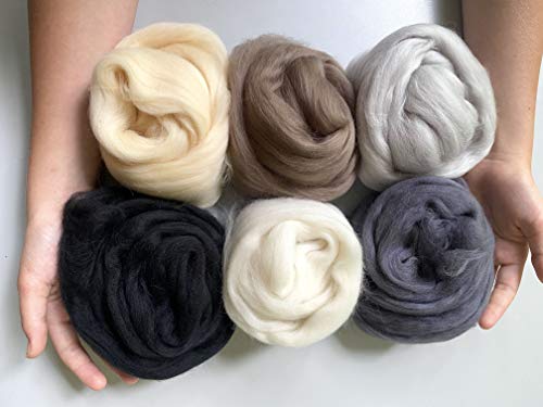 Neutral Palette Extra Fine Merino Wool Roving – 6 yds, 6 Pack with Storage for Needle Felting, Spinning Yarn, Fiber Arts & Crafts