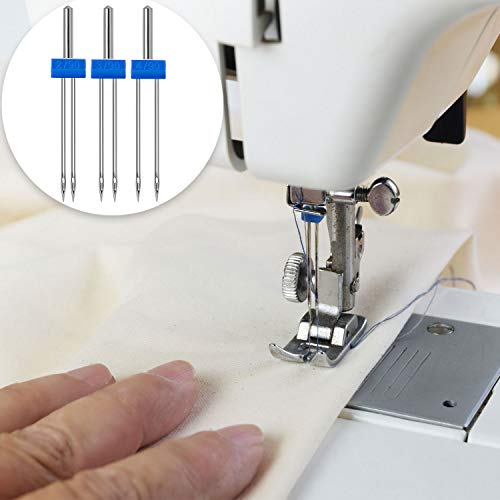 18 Pieces Sewing Machine Twin Needles Double Twin Needles Pins Twin Stretch Needles with Plastic Box, Automatic Needle Threader for Household Sewing Machine, 3 Mixed Sizes 2.0/90, 3.0/90, 4.0/90