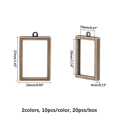 OLYCRAFT 20pcs Open Bezel Pendant Alloy Photo Locket Pendant Rectangle Frame Pendant Hollow Charm for Display Picture, Resin Crafts Jewelry Making -- Antique Bronze & Silver