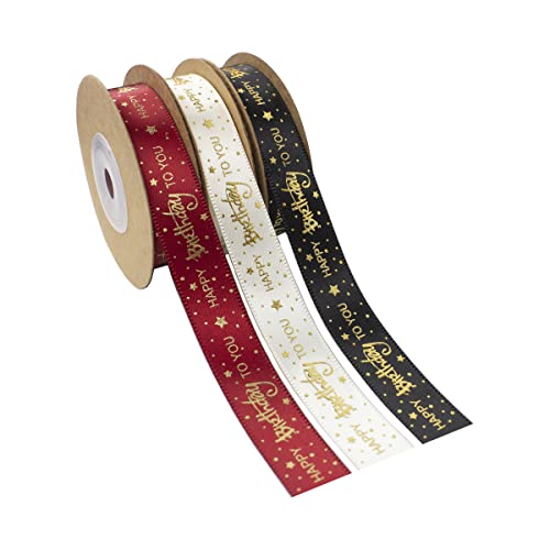 Nichemigo 5/8 Inch Happy Birthday Ribbon 3 Roll 30 Yards Satin Ribbons with Gold Printed Gift Ribbon for Birthday Gift Wrapping Craft Hair Bows Party Supplies (White, Black, Red)