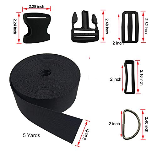 Vtete 2 Inch 5 Yards Black Nylon Heavy Webbing Strap + 5 PCS 2" Flat Side Release Buckles, D Rings and Tri-Glide Slides - Plastic Buckles Kit for DIY Pet Collar, Luggage Straps and Backpack Repairin