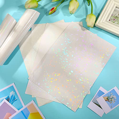 30 Sheets 6 Styles Transparent Holographic Overlay Holographic Vinyl Overlay Clear Holographic Laminate Sheets Adhesive Laminated Film Glossy Craft Sheet for Stickers, A4 Size, 8.3 x 11.7 Inches