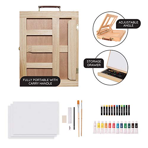 Mixed Media Art Set - 34 Piece, Easel Painting Kit with Wood Table Desk Top Easel Box Includes Acrylic Paints, 3 Canvas Boards, Pastels, Desktop Art Supplies Gift for Beginner Artists, Kids, Adults