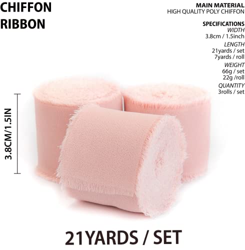 Vitalizart 3 Rolls Handmade Fringe Chiffon Silk Ribbon 1.5" x 7Yd Light Pink Ribbons Set for Wedding Invitations, Bridal Bouquets, Gifts Wrapping, DIY Crafts