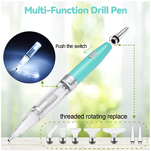 Benote Original Diamond Painting Pen Lighted Drill Pen 2.0 Metal Sticky Pen Tips, Diamond Painting Accessories with Multi Replacement Pen Heads and Wax - B7 Turquoise
