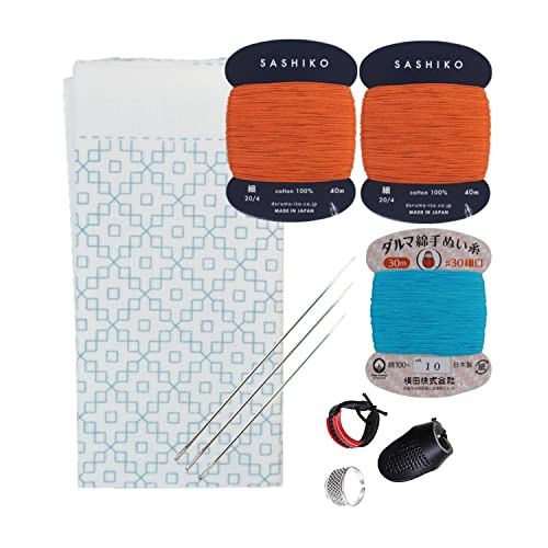 DARUMA Hitomezashi Sashiko Kit – Premium Japanese Made Needle and Thread Kit with Sashiko Fukin, Thread, Needles, Thimble – Ready to Use Set (Dahlia)