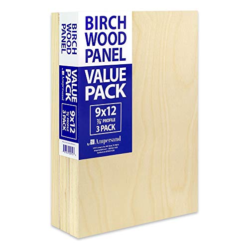 Ampersand Art Supply Birch Wood Art Painting Panels, 7/8 Inch Cradled Profile, 9"x12", 3 Boards per Package