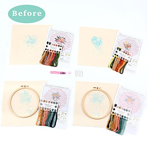 REEWISLY 4 pcs of Embroidery Starter kit with Patterns and Instructions, DIY Adult Beginner Cross Stitch Kits, Including 2 Plastic Embroidery Rings, 1 Pair of Scissors, Colored Threads and Needles