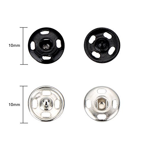 Sumind 100 Sets Sew-on Snap Buttons Metal Snap Fastener Buttons Press Button for Sewing Clothing, Black and Silvery, 10 mm