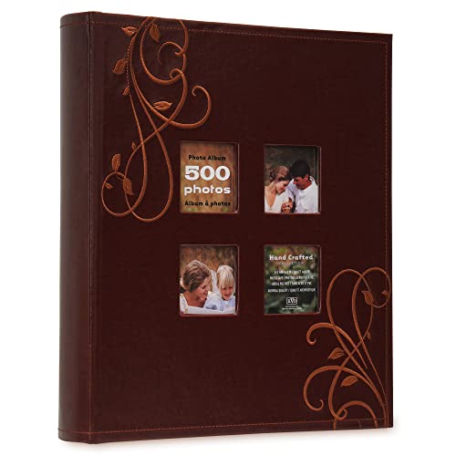 Kleer-Vu Photo Embroidery Leather Collection, Holds 500 4x6 inches Photos, 5 Per Page - Brown.