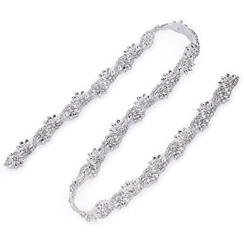 1 Yard Rhinestone Wedding Dress Applique Sparkly for Bridal Ribbon Belt Iron on Jeweled Crystal Thin Sash Applique for Women Formal Prom Evening Bridesmaid Gown