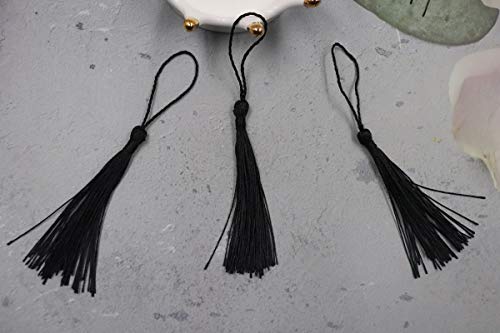 Sowaka 15 Pcs Silky Handmade Tassels Mini Soft Floss Bookmark Tassels with Loop for Souvenir DIY Craft Project Jewelry Making Chinese Knot Supplies Accessories Sewing Keychain (Black)