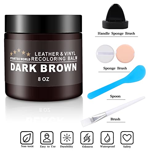 STARTSO WORLD Leather-Recoloring-Balm-Repair-Cream-Kit for Restoration Dark Brown Couches, Sofa, Furniture Color Dye Restorer-8oz with Tool kit 3 pcs Sponges, 1pcs Spoon, 1pcs Brush,1 Pair Gloves