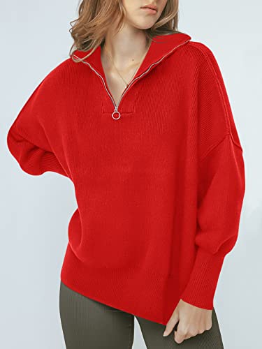 ANRABESS Women's Oversized Long Sleeve Collar 1/4 Zipper Drop Shoulder Ribbed Knit Slit Pullover Sweater 566zhongguohong-S Red