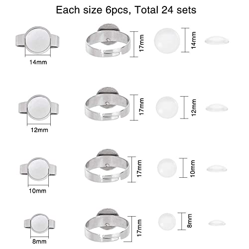 UNICRAFTALE 4 Sizes Stainless Steel Ring Base with Cabochons(8/10/12/14mm), 24 Sets DIY Adjustable Rings Making Kits, Finger Ring Blank Bezel Cabochon Settings for Jewelry Making Supplies