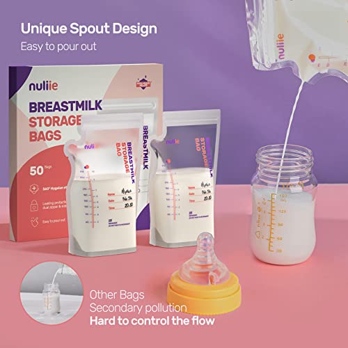 Nuliie 50 Pcs Breastmilk Storage Bags, 8 OZ Breast Milk Storing Bags, BPA Free, Milk Storage Bags with Pour Spout for Breastfeeding, Self-Standing Bag, Space Saving Flat Profile