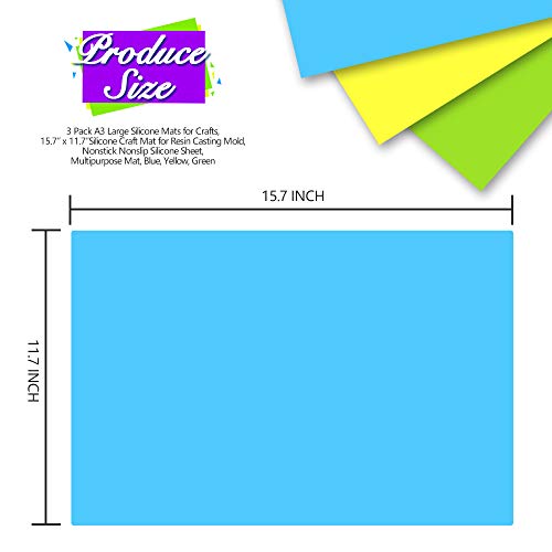 3 Pack A3 Large Silicone Mats for Crafts, 15.7” x 11.7”Silicone Craft Mat for Resin Casting Mould, Nonstick Nonslip Silicone Sheet, Heat-Resistant Mat, Blue, Yellow, Green