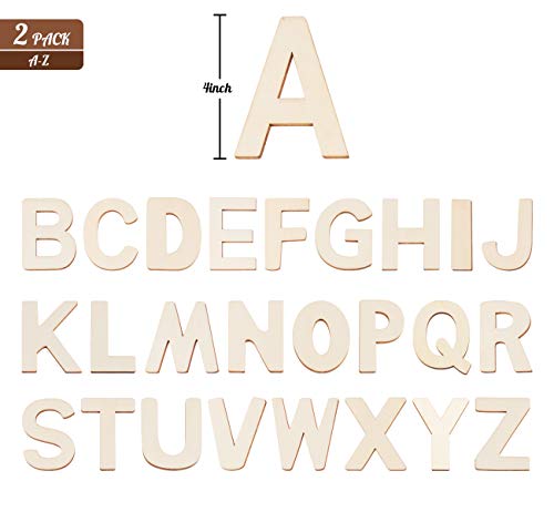 4" Wooden Letters - 52 Pcs Wood Alphabet Letters for Crafts Wood Letters Sign Decoration Unfinished Wood Letters for Painting/Wall Decor/Letter Board/DIY