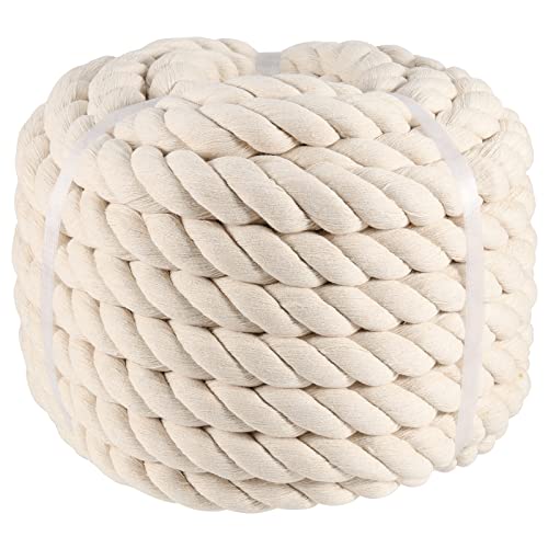 SINJEUN 1 Inch x 50 Feet Natural Twisted Cotton Rope, Natural Thick 3 Strand Soft Rope Unbleached Cotton Cord Macrame Rope for DIY Craft Projects, Hanging Baskets, Sporting, Decoration
