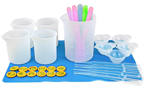 Silicone Measuring Cups Tool Kit for Resin, Non-Stick 250 & 100ml Epoxy Mixing Cups, Reusable Resin Supplies with Silicone Mat, Stir Sticks, Pipettes, Color Cups for Resin, Molds, Jewelry Making