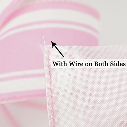 HUIHUANG Pink Stripe Ribbon Pink Burlap Wired Ribbon 2.5 Inch X 10 Yards Pink and White Wire Edge Ribbon for Wreaths Making Crafts Bows Swags Valentine's Holiday Party Christmas Decor