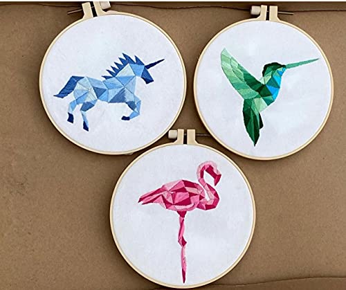 3pcs of pre Printed Hand Embroidery Kit, Geometric Animal Needlework Wall DIY Decor,Stunning Color Stamped Hand Embroidery Kits x 3
