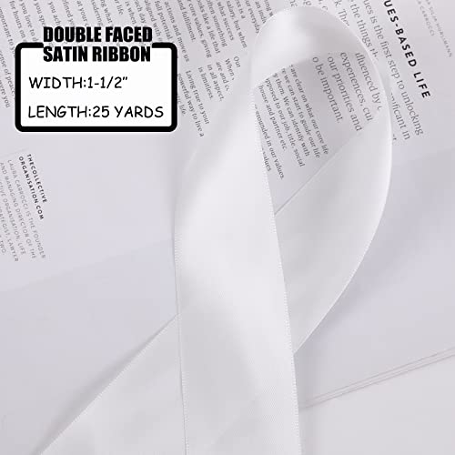 Double Faced Satin Ribbon 1.5 Inch White Ribbon 25 Yard Silk Fabric Ribbon Perfect for Gift Wrapping Wedding Decoration Bow Making DIY Crafts (1-1/2'' (3.8cm)-25yards, White)