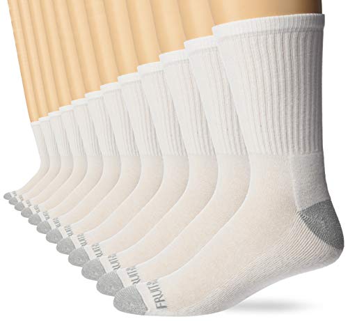 Fruit of the Loom Men's 12 Pair Pack Dual Defense Cushioned Socks, White, 6-12