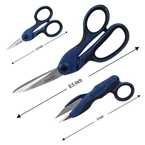 SINGER ProSeries Sewing Scissors Bundle, 8.5" Heavy Duty Fabric Scissors, 4.5" Detail Embroidery Scissors, 5" Thread Snips with Comfort Grip (Dark Blue)