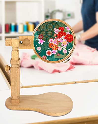 QWORK Embroidery Stands, Beech Wood Embroidery Hoop Stand, Adjustable Rotating Cross Stitch Stand Lap, Hands-Free Embroidery Frame Stand for Art Craft Sewing Projects