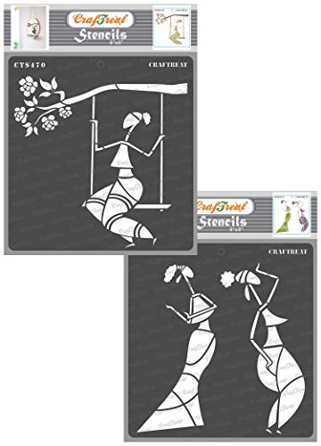 CrafTreat Tribal Stencils for Painting on Fabric, Wood, Canvas, Paper, Floor, Wall and Tile- Sitting on a Swing and Dancing - 2 Pcs - 6x6 Inches Each - African Stencils for Home Decor