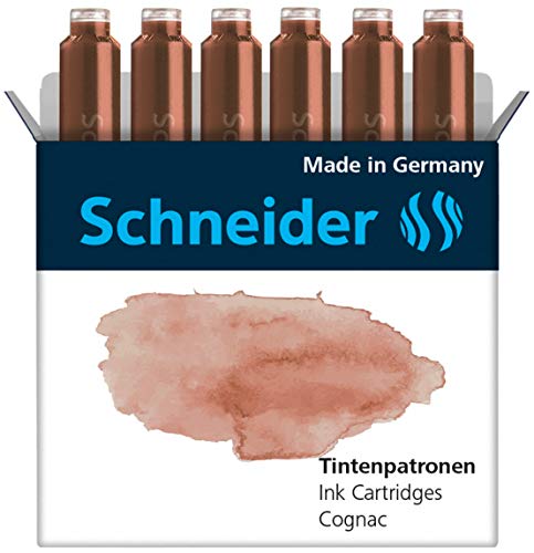 Schneider Ink Cartridge Pastel, Standard Format, Ball Closure, Refill for Fountain and Cartridge Rollerball Pens, Cognac Ink, Box of 6 Cartridges (166107)