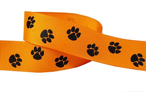 Q-YO Paw Prints Ribbon for Crafts-High School Spirit Grosgrain Ribbon for Breast Cancer Awareness Products, Gift Wrapping, Cheer Bows, Pony Streamers (5yd 7/8" Paw,Torrid Orange/Black)