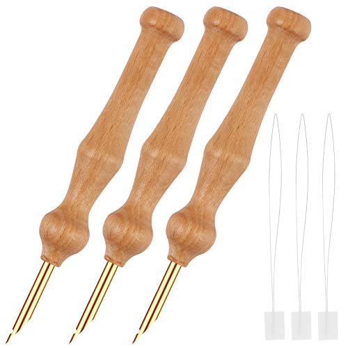 Wooden Handle Embroidery Pens, BENBO 3PCS Yarn Sewing Embroidery Punch Needles and 3PCS Needle threaders Weaving Tools DIY Stitching Applique Embellishment Rug Hooking Craft