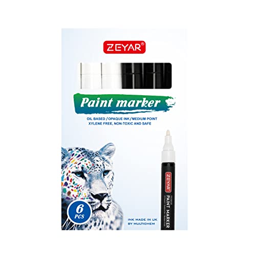 ZEYAR Permanent Oil-Based Paint Markers, Medium Point, Waterproof ink, Expert of Rock Painting, Great on Mug, Rock, Glass, Canvas, Metal and more (6 White)