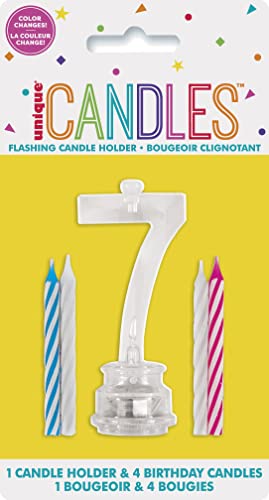 Purple Plastic Number 7 Flashing Candle Holder With Birthday Candle Set - 1 Set - Elegant, Eye-catching & Durable - Perfect Cake Topper For Birthday Celebrations