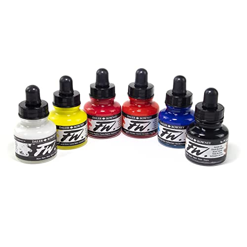 Daler-Rowney FW Acrylic Ink Bottle 6-Color Primary Set - Acrylic Set of Drawing Inks for Artists and Students - Permanent Art Ink Calligraphy Set - Calligraphy Ink for Color Mixing