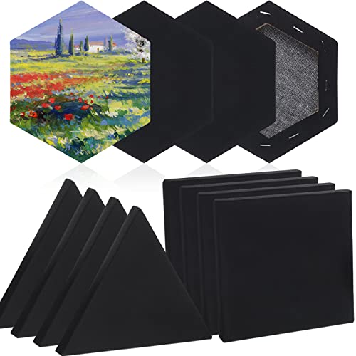 12 Pcs Black Canvas for Painting Stretched Canvas Cotton Square Triangle Hexagon Canvas Blank Boards Panels Art Canvas with Frame Panel Stretched Boards for Oil Acrylic (6 Inch)