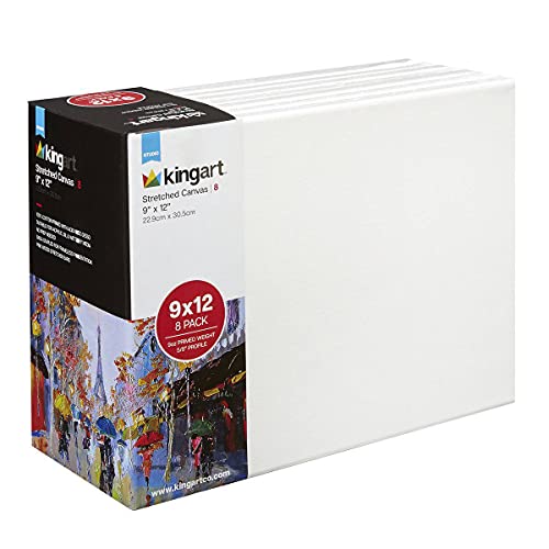 KINGART 801-8 White 9" x 12" Stretched Canvas, Pack of 8, Gesso Primed - 100% Cotton Blank Canvases, 5/8" Profile, Art Supplies for Oil and Acrylic Painting
